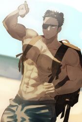 Rule 34 | 1boy, abs, animal ears, backpack, bag, bara, bear ears, check copyright, copyright request, dark-skinned male, dark skin, eyepatch, feet out of frame, fuucha81, hand up, highres, large pectorals, looking ahead, male focus, muscular, muscular male, nipples, original, pants, pectorals, short hair, sideburns, solo, stomach, sunlight, sweatdrop, thick thighs, thighs, topless male