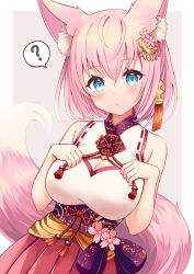 Rule 34 | 1girl, :o, ?, animal ear fluff, animal ears, bare arms, bare shoulders, blue eyes, blush, breasts, cleavage, cleavage cutout, clothing cutout, commentary request, flower, fox ears, fox girl, fox tail, grey background, hair between eyes, hair flower, hair ornament, hands up, highres, looking at viewer, medium breasts, obi, original, parted lips, pink flower, pink hair, pleated skirt, red skirt, sakura ani, sash, skirt, solo, spoken question mark, tail, two-tone background, white background