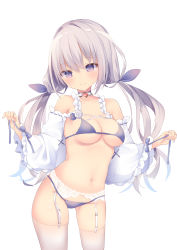 Rule 34 | 1girl, bad id, bad pixiv id, bare shoulders, blue bow, blue bra, blue choker, blue flower, blue panties, blue ribbon, blue rose, bow, bra, breasts, choker, cleavage, closed mouth, collarbone, commentary request, flower, garter belt, grey hair, hair ribbon, head tilt, heart, highres, leaning forward, long hair, long sleeves, low twintails, medium breasts, original, panties, ribbon, ribbon-trimmed sleeves, ribbon trim, rose, simple background, smile, solo, standing, thighhighs, tsuruse, twintails, underwear, very long hair, white background, white flower, white rose, wide sleeves