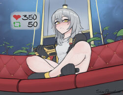 Rule 34 | 1girl, artist name, bare legs, black footwear, black gloves, black jacket, blush, breasts, cellphone, closed mouth, commentary, couch, english commentary, eyelashes, full body, gloves, grey hair, grey shirt, hair between eyes, high heels, highres, holding, honkai: star rail, honkai (series), indian style, indoors, jacket, like and retweet, long hair, looking at viewer, medium breasts, meme, phone, plant, shirt, sidelocks, sitting, smartphone, solo, starpermafrost, stelle (honkai: star rail), trailblazer (honkai: star rail), twitter strip game (meme), yellow eyes