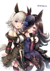 Rule 34 | 2girls, :d, :o, animal ears, bare shoulders, black hair, black hairband, black headwear, black jacket, blue dress, blue flower, blue rose, blush, breasts, brown legwear, collared dress, commentary request, curren chan (umamusume), dagger, dress, flower, frilled jacket, frills, grey hair, hair between eyes, hair over one eye, hairband, hands up, hat, hat flower, highres, horse ears, horse girl, horse tail, jacket, knife, long hair, long sleeves, looking at viewer, multiple girls, off-shoulder dress, off-shoulder jacket, off shoulder, open mouth, parted lips, purple eyes, red legwear, rice shower (umamusume), rose, simple background, sleeveless, sleeveless dress, sleeves past wrists, small breasts, smile, sorimura youji, striped clothes, striped dress, tail, thighhighs, tilted headwear, twitter username, umamusume, vertical-striped clothes, vertical-striped dress, very long hair, weapon, white background, white dress
