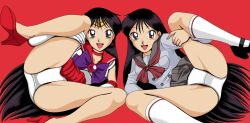 Rule 34 | 2girls, bishoujo senshi sailor moon, dual persona, hino rei, multiple girls, red background, sailor mars, simple background