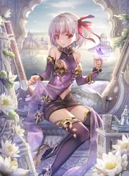 Rule 34 | 1girl, armlet, bare shoulders, bracelet, bug, building, butterfly, clothes lift, cloud, cup, detached sleeves, earrings, fate/grand order, fate (series), flower, hair ribbon, high heels, highres, horizon, insect, jewelry, kama (fate), kama (first ascension) (fate), looking at viewer, navel, red eyes, ribbon, shirt lift, short hair, silver hair, sitting, skirt, sky, solo, teapot, thighhighs, torino aqua, water