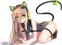 Rule 34 | 1girl, animal ear headphones, animal ears, arched back, arm strap, ass, black socks, blurry, bow, breasts, brown hair, cat ear headphones, cat ears, character name, depth of field, fake animal ears, full body, girls&#039; frontline, green bow, green eyes, hair between eyes, headphones, leotard, long hair, looking at viewer, luse maonang, medium breasts, ringed eyes, simple background, socks, solo, tail, tail bow, tail ornament, thigh strap, thighs, tmp (girls&#039; frontline), very long hair, white background