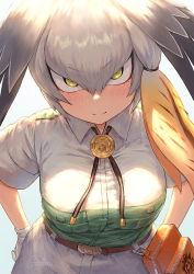 Rule 34 | 1girl, alternate costume, bag, belt, belt bag, belt buckle, blonde hair, blush, breast pocket, buckle, commentary, dress shirt, gloves, green eyes, green shirt, grey hair, guchico, hair between eyes, hand on own hip, head wings, japari symbol, kemono friends, looking at viewer, medal, multicolored hair, multicolored shirt, pocket, shirt, shoebill (kemono friends), short hair with long locks, short sleeves, shorts, signature, single sidelock, smile, solo, two-tone hair, v-shaped eyebrows, white gloves, white shirt, white shorts, wing collar, wings