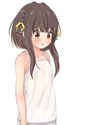 Rule 34 | 1girl, blush, braid, brown eyes, brown hair, camisole, collarbone, comiching, covered erect nipples, highres, kantai collection, open mouth, panties, short hair with long locks, sidelocks, simple background, solo, ukuru (kancolle), underwear, upper body, white background, white camisole, white panties