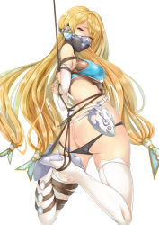 Rule 34 | 10s, 1girl, arms behind back, ass, bdsm, blonde hair, blue eyes, bondage, bound, bound arms, bound wrists, breast bondage, butt crack, covered mouth, cyoppu, detached sleeves, elbow gloves, elegy (granblue fantasy), entangled, from behind, gloves, granblue fantasy, high heels, looking at viewer, midriff, panties, panty pull, rope, shibari, solo, swept bangs, thighhighs, thighs, underwear, white gloves, white thighhighs