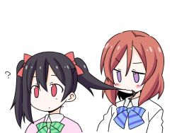 Rule 34 | 2girls, ?, black hair, blue bow, blue bowtie, blush, bow, bowtie, cardigan, chewing, eating hair, green bow, green bowtie, hair between eyes, hair in own mouth, looking at another, love live!, love live! school idol project, multiple girls, nekotoufu, nishikino maki, no nose, pink shirt, purple eyes, red eyes, red hair, shirt, short hair, striped bow, striped bowtie, striped clothes, striped neckwear, upper body, white background, white shirt, yazawa nico