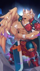 Rule 34 | 1boy, abs, absurdres, animal ears, animal nose, armor, aura, bandaged wrist, bandages, bara, blue background, brown fur, chest tuft, cloak, closed mouth, commentary request, dog boy, dog ears, dog tail, feathered wings, forked eyebrows, full body, furry, furry male, gak (5keys x86), highres, holding, holding sword, holding weapon, leg armor, male focus, marchosias (housamo), muscular, muscular male, nipples, pelvic curtain, red eyes, short hair, shorts, single wing, smile, snout, solo, sword, tail, thick eyebrows, tokyo houkago summoners, tusks, weapon, white fur, white hair, wings