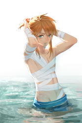 Rule 34 | 1boy, absurdres, androgynous, bandages, blonde hair, blue eyes, cowboy shot, eyelashes, groin, hair tie, hair tie in mouth, hand in own hair, highres, link, looking away, looking to the side, medium hair, mouth hold, nintendo, partially submerged, sidelocks, solo, swept bangs, the legend of zelda, the legend of zelda: breath of the wild, topless male, tying, tying hair, v-shaped eyebrows, water, yuhuan