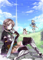 Rule 34 | 3girls, animal ears, armor, belt, blonde hair, boots, brown eyes, brown hair, cape, capelet, cat ears, cat tail, cloud, day, detached sleeves, earrings, elf, fantasy, fox tail, gloves, grass, greaves, green eyes, grey hair, hat, high heels, highres, jewelry, multiple girls, original, pointy ears, retsuna, rock, shoes, skirt, sky, smile, staff, sword, tail, thighhighs, tower, weapon, white legwear, zettai ryouiki