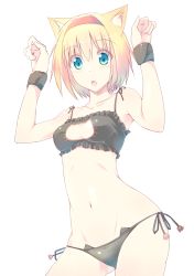 Rule 34 | 1girl, :o, alice margatroid, animal ears, animal hands, armpits, arms up, bandeau, black bra, black panties, blonde hair, blush, bra, cat cutout, cat day, cat ears, cat lingerie, cleavage cutout, clothing cutout, collarbone, contrapposto, cowboy shot, eyebrows, fang, frilled bra, frills, hair between eyes, hair intakes, hip focus, meme attire, navel, nirap, open mouth, panties, paw pose, plaid, pom pom (clothes), side-tie panties, solo, standing, sweatband, tooth, touhou, underwear, underwear only