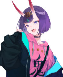 Rule 34 | 1girl, black jacket, bob cut, breasts, choker, coffeekite, drawstring, eyeliner, fate/grand order, fate (series), headpiece, highres, hood, hooded sweater, horns, jacket, long sleeves, looking at viewer, makeup, oni, open clothes, open jacket, open mouth, pink sweater, purple eyes, purple hair, short hair, shuten douji (fate), shuten douji (under the same sky) (fate), simple background, skin-covered horns, small breasts, smile, solo, sweater, white background