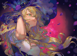Rule 34 | 1girl, absurdres, breasts, cherry blossoms, cleavage, commentary request, falling petals, floating hair, flower, genshin impact, gloves, gold trim, green eyes, hair between eyes, hand up, hat, hat flower, highres, lantern, large breasts, light brown hair, lisa (genshin impact), long hair, open mouth, petals, purple flower, purple gloves, purple hat, purple rose, rose, rui (gsr1982), teeth, upper body, upper teeth only, witch hat