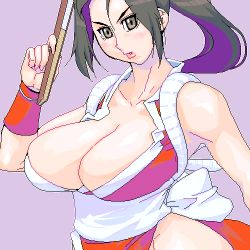 Rule 34 | 1girl, black eyes, black hair, breasts, cleavage, folding fan, hand fan, huge breasts, long hair, lowres, matagitii, no bra, ponytail, shiranui mai, snk, solo, the king of fighters