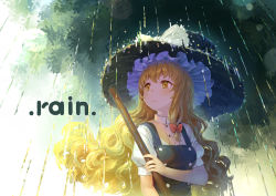 Rule 34 | 1girl, black dress, black hat, blonde hair, blush, bow, breasts, broom, closed mouth, curly hair, dress, english text, hair bow, hat, hat bow, kirisame marisa, long hair, looking away, looking to the side, medium breasts, outdoors, pinafore dress, puffy short sleeves, puffy sleeves, rain, red bow, shirt, short sleeves, single sidelock, sleeveless, sleeveless dress, smile, tareme, touhou, tree, upper body, very long hair, water, white bow, white shirt, witch hat, yellow eyes, zimajiang