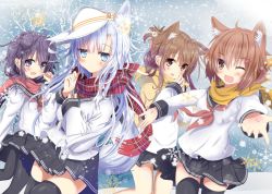Rule 34 | 4girls, ;d, ahoge, akatsuki (kancolle), animal ears, aruka (alka p1), black legwear, black skirt, blue eyes, blue hair, brown eyes, brown hair, brown neckerchief, brown scarf, cat ears, closed mouth, commentary request, day, dog ears, fang, fingers together, flat cap, folded ponytail, fringe trim, hair between eyes, hair ornament, hairclip, hammer and sickle, hat, hibiki (kancolle), ikazuchi (kancolle), inazuma (kancolle), kantai collection, long hair, long sleeves, looking at viewer, multiple girls, neckerchief, no headwear, one eye closed, open mouth, outdoors, pantyhose, plaid, plaid scarf, pleated skirt, purple eyes, purple hair, red neckerchief, red scarf, scarf, school uniform, serafuku, shirt, short hair, skirt, sleeves past wrists, smile, snow, snowflakes, snowing, star (symbol), tail, thighhighs, verniy (kancolle), very long hair, white hat, white shirt, wolf ears, wolf girl, wolf tail, yellow scarf