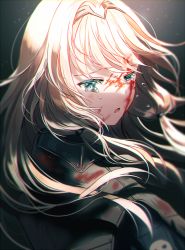 Rule 34 | 1girl, an-94 (girls&#039; frontline), blonde hair, blood, blood on clothes, blood on face, blue eyes, cloak, crying, crying with eyes open, floating hair, girls&#039; frontline, hairband, jacket, long hair, long sleeves, looking at viewer, open mouth, sidelocks, silence girl, solo, tears