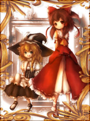 Rule 34 | 2girls, amano jack, ascot, bad id, bad pixiv id, blonde hair, blush, bow, braid, brown hair, detached sleeves, fang, female focus, green eyes, hair bow, hair tubes, hakurei reimu, hat, hat bow, highres, japanese clothes, kirisame marisa, long hair, miko, multiple girls, open mouth, red eyes, ribbon, shoes, short hair, smile, touhou, witch, witch hat