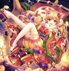 Rule 34 | 1girl, animal ears, blonde hair, boat, breasts, brown eyes, catbell, highres, japanese clothes, kimono, long hair, looking at viewer, open mouth, original, paw pose, platform clogs, smile, solo, thighhighs, watercraft, white thighhighs