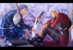 Rule 34 | 2boys, akujiki59, archer (fate), artist name, blood, blue hair, blurry, closed mouth, commentary request, cu chulainn (fate), cu chulainn (fate/stay night), dirty, earrings, eye contact, fate (series), from side, hair tubes, jewelry, long hair, looking at another, male focus, multiple boys, ponytail, short hair, shoulder plates, sitting, smile, spiked hair, squatting, watermark, weapon, white hair