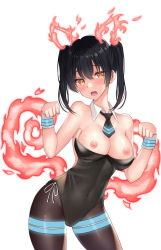 Rule 34 | 1girl, adapted costume, alternate costume, bare shoulders, black necktie, black pantyhose, blackheartxiii, blush, breasts, breasts out, contrapposto, covered navel, cowboy shot, detached collar, embarrassed, en&#039;en no shouboutai, fang, fire, glowing, hair between eyes, highres, large breasts, leotard, looking at viewer, medium hair, necktie, nipples, open mouth, orange eyes, pantyhose, paw pose, playboy bunny, short necktie, simple background, sleeveless, solo, sweat, tamaki kotatsu, tareme, taut clothes, twintails, white background, wrist cuffs