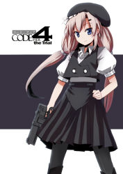 Rule 34 | 1girl, flat chest, gotyou, gun, hand on own hip, hat, long hair, looking at viewer, pantyhose, skirt, smile, solo, weapon