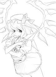 Rule 34 | 1girl, cowboy shot, crystal, demon wings, dress, female focus, flandre scarlet, greyscale, hat, hermmy, looking at viewer, mob cap, monochrome, puffy short sleeves, puffy sleeves, short hair, short sleeves, solo, standing, touhou, vampire, wings