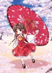 Rule 34 | 1girl, brown hair, female focus, hakurei reimu, nagisa honoka, oil-paper umbrella, solo, touhou, umbrella