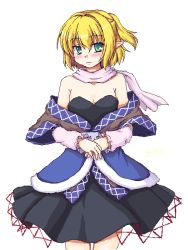 Rule 34 | 1girl, arm warmers, bad id, bad pixiv id, bare shoulders, blonde hair, blush, breasts, cleavage, dress, female focus, green eyes, half updo, isaki (gomi), medium breasts, mizuhashi parsee, pointy ears, scarf, short hair, simple background, solo, touhou, white background