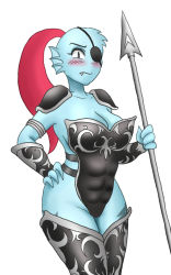 Rule 34 | 1girl, blue skin, blush, breasts, cleavage, colored skin, eyepatch, monster girl, orca (artist), polearm, ponytail, spear, thick thighs, thighs, undertale, undyne, weapon