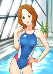 Rule 34 | 10s, 1girl, :d, amakata miho, brown eyes, brown hair, competition swimsuit, free!, hand on own hip, head tilt, indoor pool, indoors, one-piece swimsuit, open mouth, pool, poolside, rei no pool, short hair, smile, solo, swimsuit, ueyama michirou, window