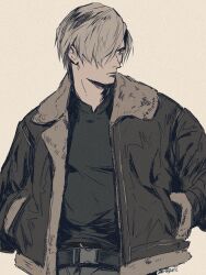 Rule 34 | 1boy, black shirt, brown hair, curtained hair, fune (nkjrs12), hands in pockets, highres, jacket, leather, leather jacket, leon s. kennedy, male focus, profile, resident evil, resident evil 4, resident evil 4 (remake), sepia, shirt, short hair, solo, t-shirt