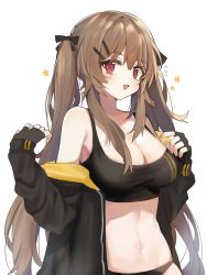 Rule 34 | 1girl, :3, ^^^, bad id, bad pixiv id, black bra, black gloves, blush, bra, breasts, brown hair, cleavage, fang, fingerless gloves, girls&#039; frontline, gloves, hair ornament, hair ribbon, hairclip, jacket, large breasts, long hair, looking at viewer, mid (gameshe), midriff, navel, off shoulder, open clothes, open jacket, red eyes, ribbon, scar, scar across eye, scar on face, simple background, solo, sports bra, twintails, ump9 (girls&#039; frontline), underwear, white background