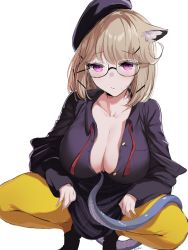 Rule 34 | 1girl, animal ear fluff, animal ears, arknights, black headwear, black jacket, black skirt, blush, breasts, cat ears, cat girl, cleavage, glasses, highres, jacket, large breasts, looking at viewer, neck ribbon, official alternate costume, pantyhose, purple shirt, red ribbon, ribbon, shirt, simple background, skirt, tail, thighhighs, tilted headwear, utage (arknights), utage (disguise) (arknights), xooku, yellow pantyhose, yellow thighhighs