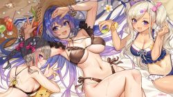 Rule 34 | &gt; &lt;, 3girls, alternate costume, archerfish (azur lane), armpits, arms up, azur lane, bare shoulders, beach, bikini, blonde hair, blush, bow, bracelet, braid, breasts, cleavage, cocktail umbrella, drink, drinking straw, food, frilled bikini, frills, fruit, gradient hair, grin, hair bow, hair horns, hair intakes, hair ornament, hat, highres, jewelry, large breasts, lime (fruit), lime slice, long hair, looking at viewer, lying, manjuu (azur lane), multicolored hair, multiple girls, nail polish, navel, new jersey (azur lane), on back, on stomach, open mouth, pink eyes, pink hair, purple eyes, purple hair, san francisco (azur lane), smile, star (symbol), star hair ornament, streaked hair, sun hat, swimsuit, tan, tanline, tomogy, towel, twin braids, twintails, x x