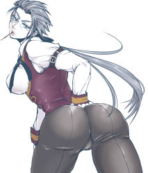 Rule 34 | 1girl, arc system works, artist request, ass, belt, blazblue, blazblue phase 0, blue eyes, breasts, food, from behind, gender request, genderswap, gloves, large breasts, leaning, leaning forward, long hair, looking at viewer, looking back, mole, pale skin, pants, pocky, ponytail, sideboob, silver hair, simple background, tight clothes, tight pants, valkenhayn r hellsing, very long hair, vest