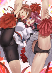 2girls absurdres andou_shuki blue_eyes blush breasts brown_eyes brown_hair cameltoe cheerleader covered_erect_nipples gakuen_idolmaster hanami_saki hanami_ume highres idolmaster large_breasts leg_up long_hair looking_at_viewer multiple_girls open_mouth purple_hair smile split standing standing_on_one_leg standing_split