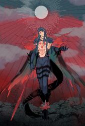 Rule 34 | 1boy, bare pectorals, blue hair, bodypaint, cape, chest tattoo, closed eyes, cloud, cloudy sky, cu chulainn (fate), cu chulainn alter (fate), dark blue hair, dark persona, detached hood, dragon tail, facepaint, fate/grand order, fate (series), fingernails, full body, fur-trimmed cape, fur trim, gloves, highres, holding, holding polearm, holding weapon, hood, hood up, long hair, male focus, monster boy, osoba (smen29), outdoors, pectorals, polearm, sharp fingernails, sky, solo, spear, spikes, tail, tattoo, weapon