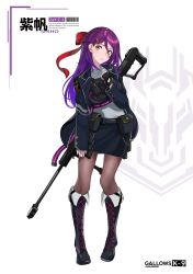 1girl absurdres android anti-materiel_rifle asagon007 barcode barcode_tattoo boots cross-laced_footwear gun hair_ribbon highres jacket lace-up_boots long_hair long_sleeves orange_eyes original pantyhose purple_hair ribbon rifle sniper_rifle solo tattoo thigh_boots thighhighs weapon zey_shiho