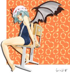 Rule 34 | 1girl, bad id, bad pixiv id, barefoot, bat wings, blue hair, feet, female focus, flat chest, hat, highres, legs, libus, one-piece swimsuit, red eyes, remilia scarlet, school swimsuit, short hair, sion (pixiv), soles, solo, spread toes, swimsuit, toes, touhou, wings