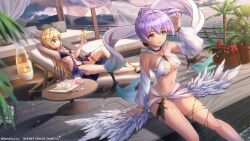 Rule 34 | 2girls, arm behind head, bikini, black feathers, blonde hair, breasts, candle, cleavage, cup, curtains, dark-skinned female, dark skin, detached sleeves, dolphin wave, feathered wings, feathers, hair intakes, highres, holding, holding cup, kazami ellen, long hair, lying, medium breasts, multiple girls, navel, ocean, official art, on back, ootomo takuji, plant, ponytail, potted plant, purple eyes, purple hair, red eyes, skindentation, small breasts, souma hayate, sunset, swimsuit, thigh strap, wings, wooden floor