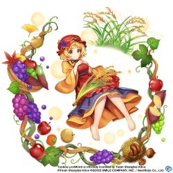 Rule 34 | 1girl, aki minoriko, apple, apron, autumn leaves, bare legs, barefoot, black skirt, blonde hair, breasts, chestnut, closed mouth, collared shirt, copyright notice, food, frilled apron, frills, fruit, full body, grape hat ornament, grapes, happy, hat, juliet sleeves, leaf, long sleeves, looking at viewer, medium breasts, mob cap, neck ribbon, official art, orange shirt, pear, petticoat, puffy sleeves, red apron, red hat, ribbon, rotte (1109), shirt, skirt, smile, solo, suspender skirt, suspenders, sweet potato, toes, touhou, touhou lostword, transparent background, vegetable, wheat, wide sleeves, yellow eyes