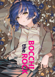 Rule 34 | 1girl, absurdres, arm up, black pants, blue hair, bocchi the rock!, earphones, earrings, feet out of frame, floral background, hair ornament, hairclip, highres, jacket, jewelry, lying, mole, mole under eye, on back, open mouth, oshiri seijin, pants, shirt, short hair, solo, untucked shirt, white shirt, yamada ryo, yellow eyes