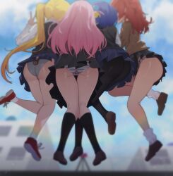 Rule 34 | 4girls, absurdres, ass, ass focus, back-print panties, bare legs, blonde hair, blouse, blue hair, blue sky, blurry, bocchi the rock!, building, cameltoe, city, cityscape, cloud, cloudy sky, commentary, cube hair ornament, depth of field, english commentary, from behind, gotoh hitori, hair ornament, highres, ijichi nijika, jacket, jumping, kirara jump, kita ikuyo, legs folded, long hair, medium hair, miniskirt, multiple girls, panties, pantyhose, pantyshot, pink hair, pleated skirt, ponytail, print panties, red hair, shirt, shoes, short hair, side ponytail, skirt, sky, socks, thick thighs, thighs, tight clothes, underwear, upskirt, v, very long hair, wet, wet clothes, wet panties, yamada ryo, yzr (yzr99)
