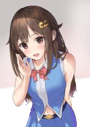 Rule 34 | 1girl, :d, bare arms, bare shoulders, blouse, blue shirt, blue skirt, blush, bow, bowtie, breasts, brown eyes, brown hair, collared shirt, commentary request, figurehead (figurehead67), hair flaps, hair ornament, hand to own mouth, highres, hololive, leaning forward, long hair, medium breasts, miniskirt, navel, open mouth, red bow, red bowtie, shirt, skirt, smile, solo, tokino sora, tokino sora (old design), very long hair, virtual youtuber, white shirt