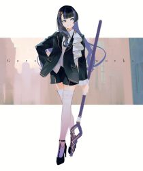 Rule 34 | 1girl, artist name, black footwear, black hair, black jacket, black shorts, blue eyes, closed mouth, collared shirt, crossed legs, full body, garter straps, goroku, hair ornament, hair over shoulder, hairclip, hand on own hip, head tilt, high heels, highres, holding, holding scepter, jacket, long hair, long sleeves, looking to the side, multicolored hair, open clothes, open jacket, original, purple hair, scepter, shirt, shorts, smile, solo, suit jacket, thighhighs, two-tone hair, walking, white background, white shirt, white thighhighs