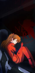 Rule 34 | 1girl, absurdres, artist request, ass, bodysuit, breasts, brown hair, closed eyes, full body, hair ornament, highres, interface headset, logo, long hair, medium breasts, neon genesis evangelion, nerv, plugsuit, shiny clothes, simple background, solo, souryuu asuka langley, two side up, vehicle interior, very long hair, wide hips