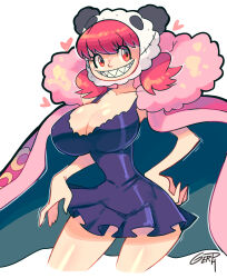 Rule 34 | 1girl, absurdres, breasts, cape, charlotte poire, dress, happy, hat, highres, large breasts, looking to the side, one piece, pink hair, pointing, sharp teeth, teeth, thick thighs, thighs