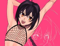 Rule 34 | 1boy, ahoge, ameman, androgynous, armpits, arms up, bare arms, bare shoulders, black hair, blush, braid, braided ponytail, fate/grand order, fate/samurai remnant, fate (series), fishnet top, fishnets, hair intakes, long hair, nipples, open mouth, orange eyes, pink background, revealing clothes, sidelocks, simple background, smile, yamato takeru (fate)